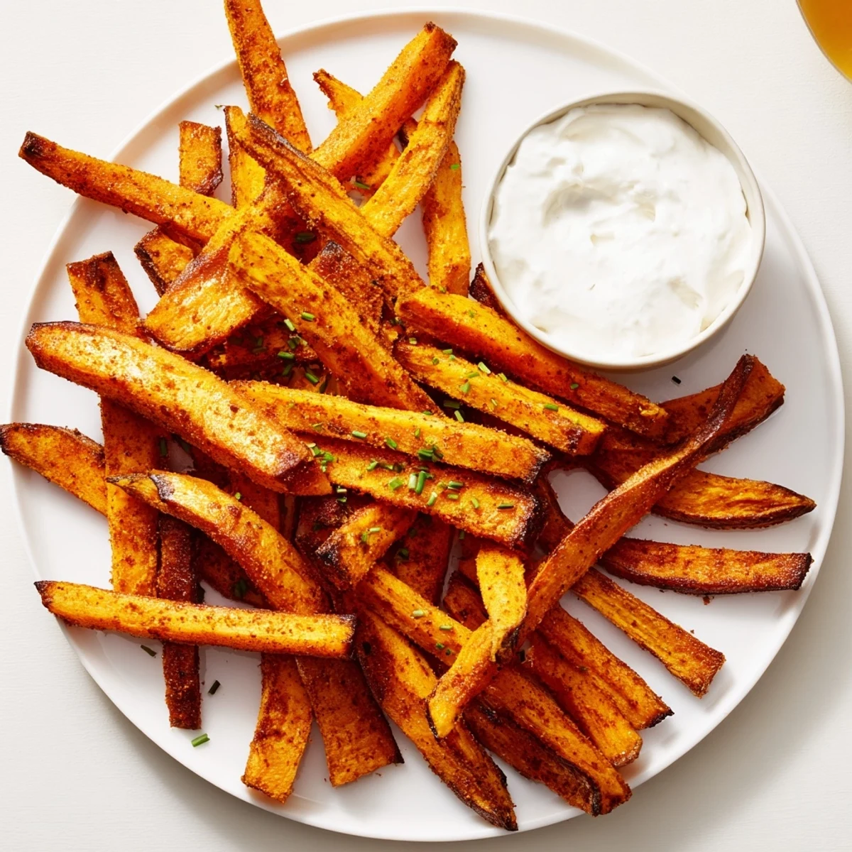 Golden-brown Crispy Air Fryer Sweet Potato Fries with Dip arranged on a rustic plate next to a creamy dipping bowl.