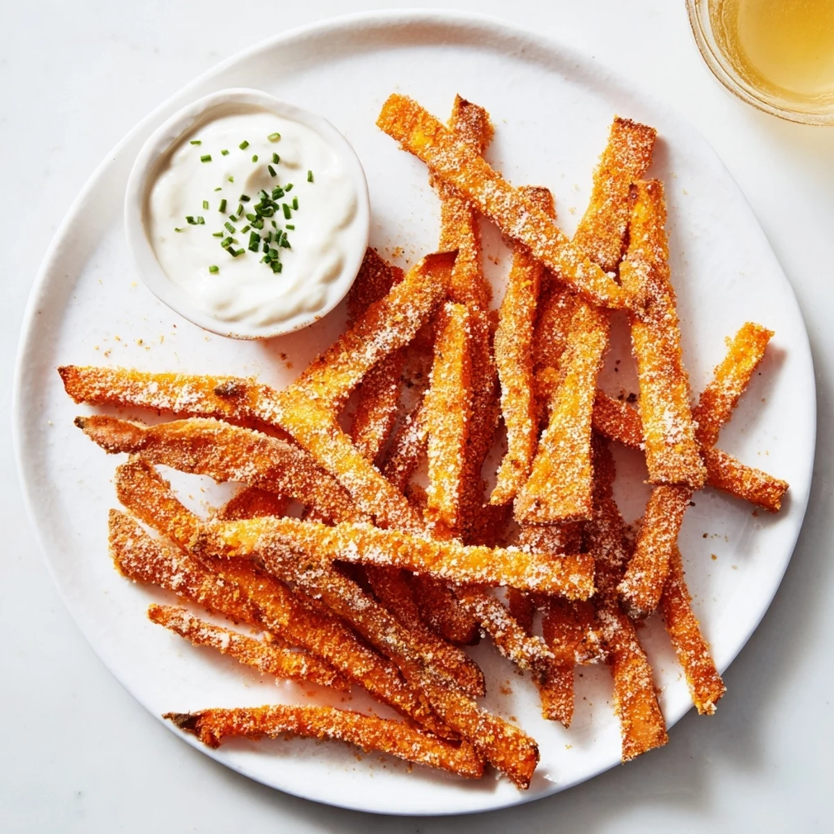 Freshly cooked Crispy Air Fryer Sweet Potato Fries with Dip served hot beside a burger for a classic American lunch.