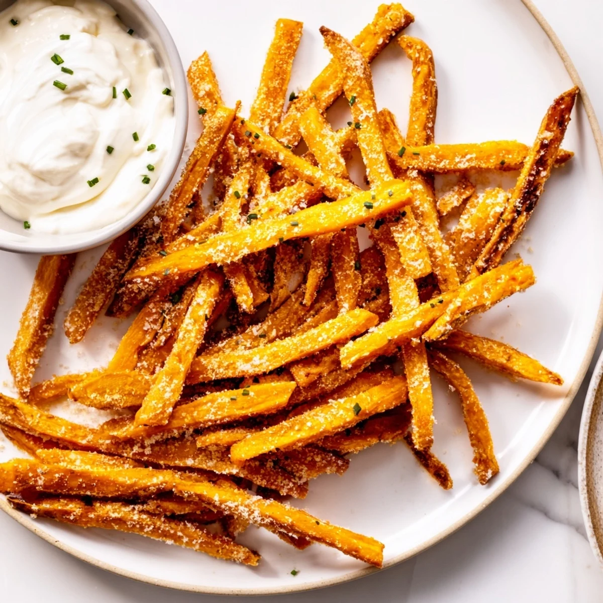Close-up of Crispy Air Fryer Sweet Potato Fries with Dip showing seasoned, crunchy sweet potato sticks and a rich sauce.