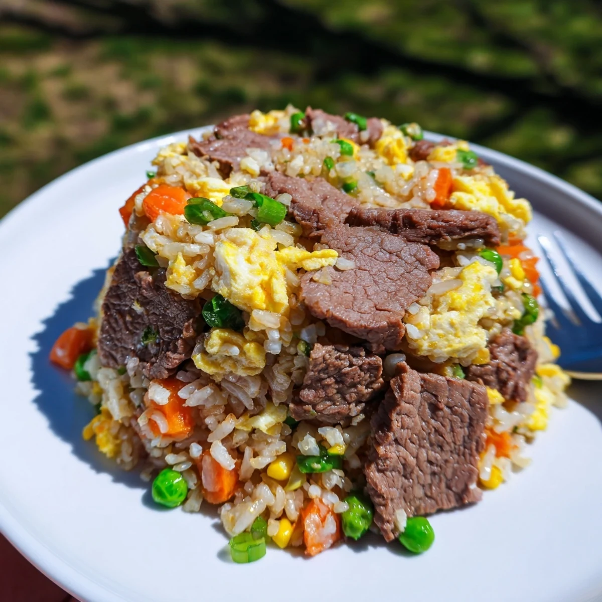 Sizzling Beef Fried Rice with Mixed Vegetables and Egg in a wok, garnished with fresh green onions and sesame seeds.