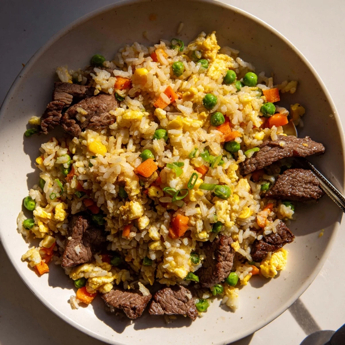 A close-up of Beef Fried Rice with Mixed Vegetables and Egg, showcasing tender beef strips, bright peas, and fluffy scrambled eggs.