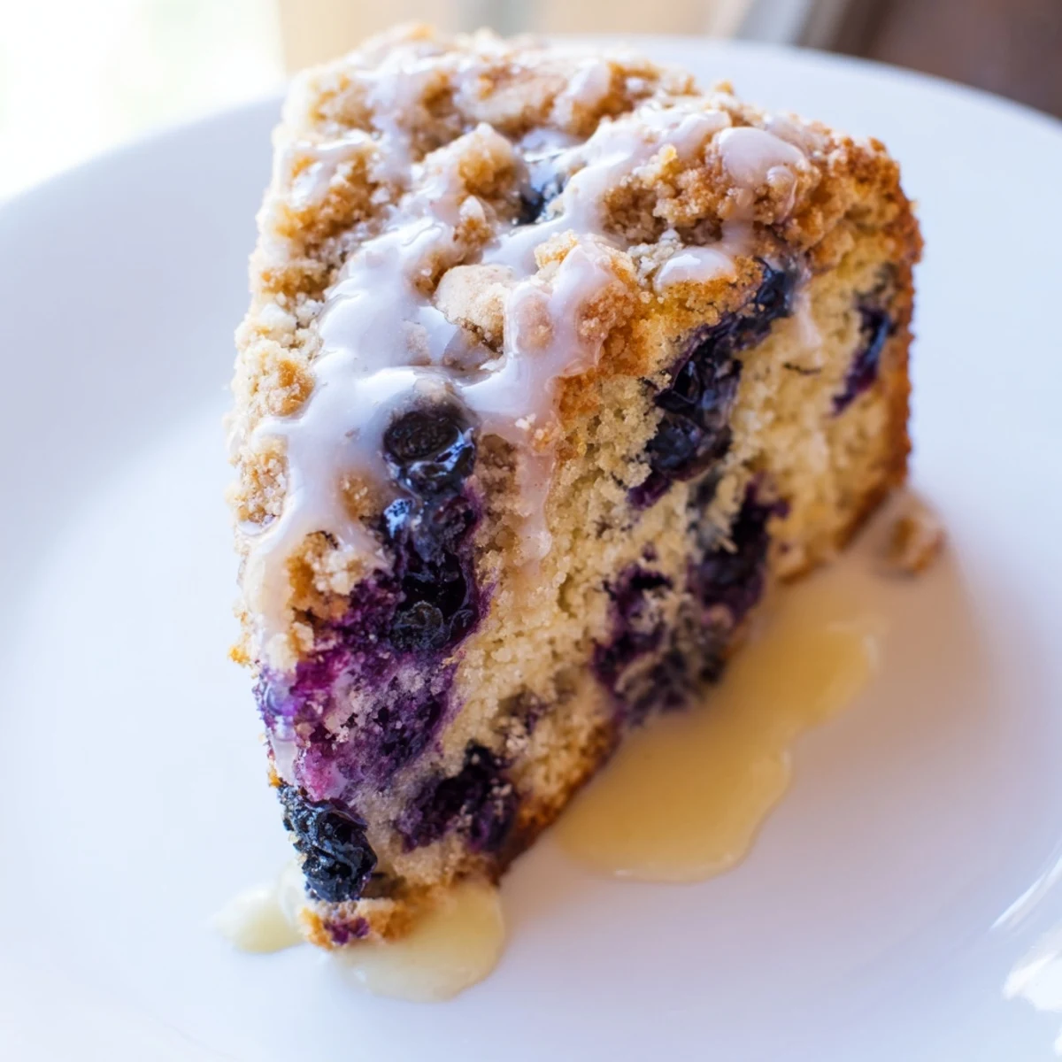 A close-up of homemade Lemon Blueberry Coffee Cake with glaze, fresh blueberries, and crumb topping.