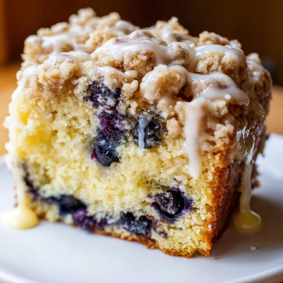 A sliced wedge of moist Lemon Blueberry Coffee Cake served on a plate with lemon zest.