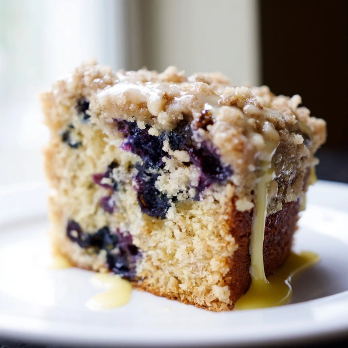 Freshly baked Lemon Blueberry Coffee Cake with golden crumble and lemon glaze drizzle on a platter.