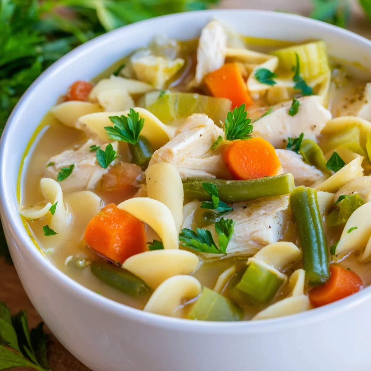 Steaming bowl of Chicken Noodle Soup with Mixed Vegetables, featuring tender chicken, carrots, and egg noodles in a clear broth.