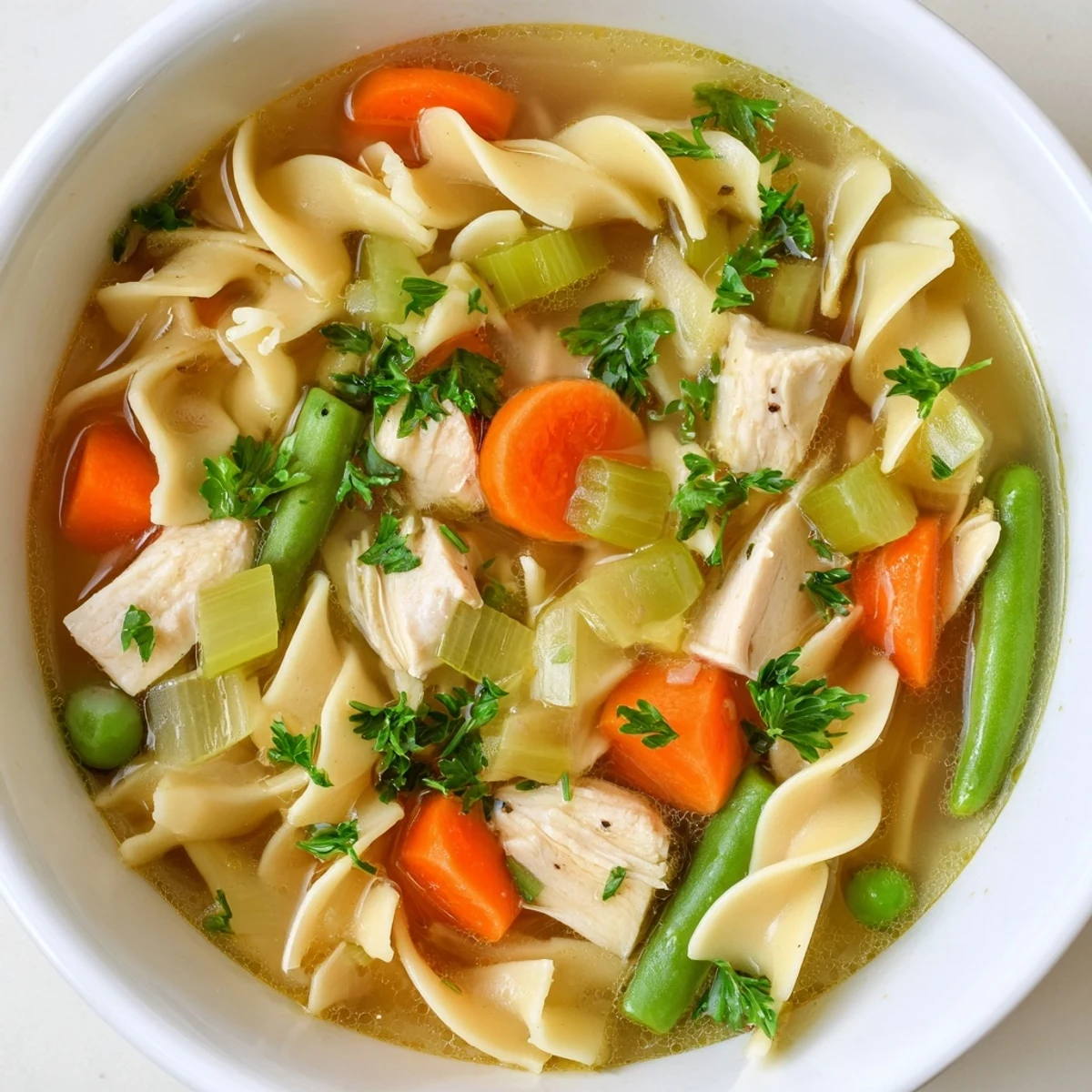Homemade Chicken Noodle Soup with Mixed Vegetables served in a rustic bowl with a slice of crusty bread on the side.