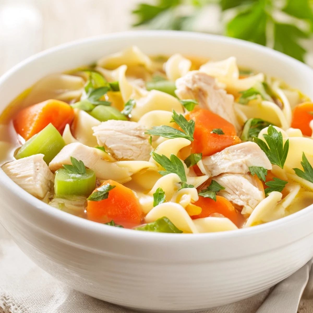 Close-up of Chicken Noodle Soup with Mixed Vegetables, showcasing peas, celery, and carrots simmering in a savory, golden broth.