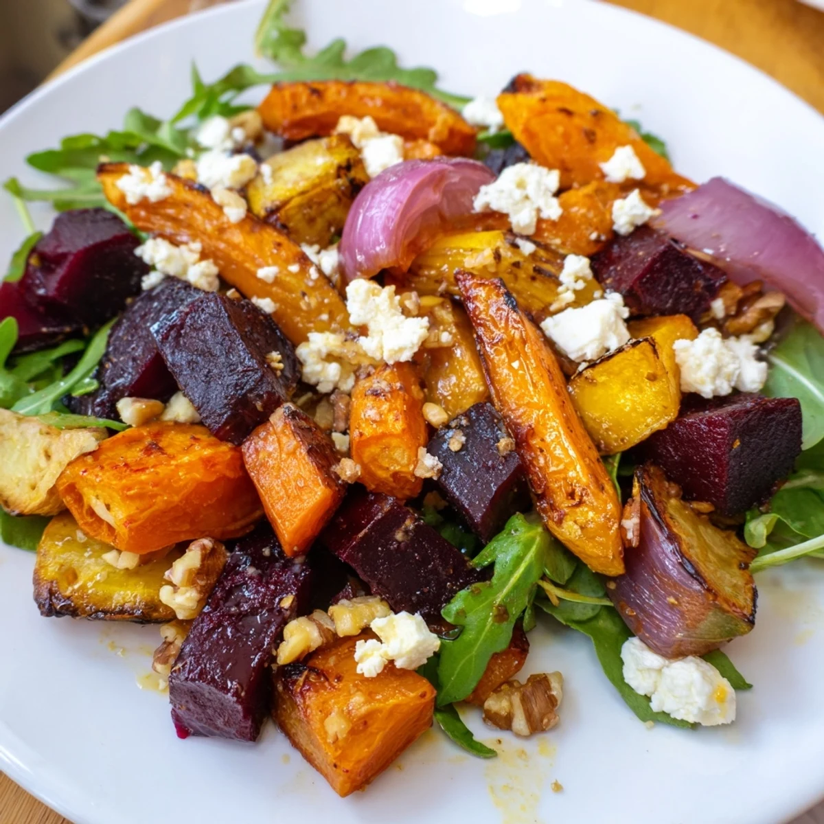 Warm, herb-roasted root vegetables with tangy feta sit atop a bed of mixed greens, drizzled with balsamic dressing.