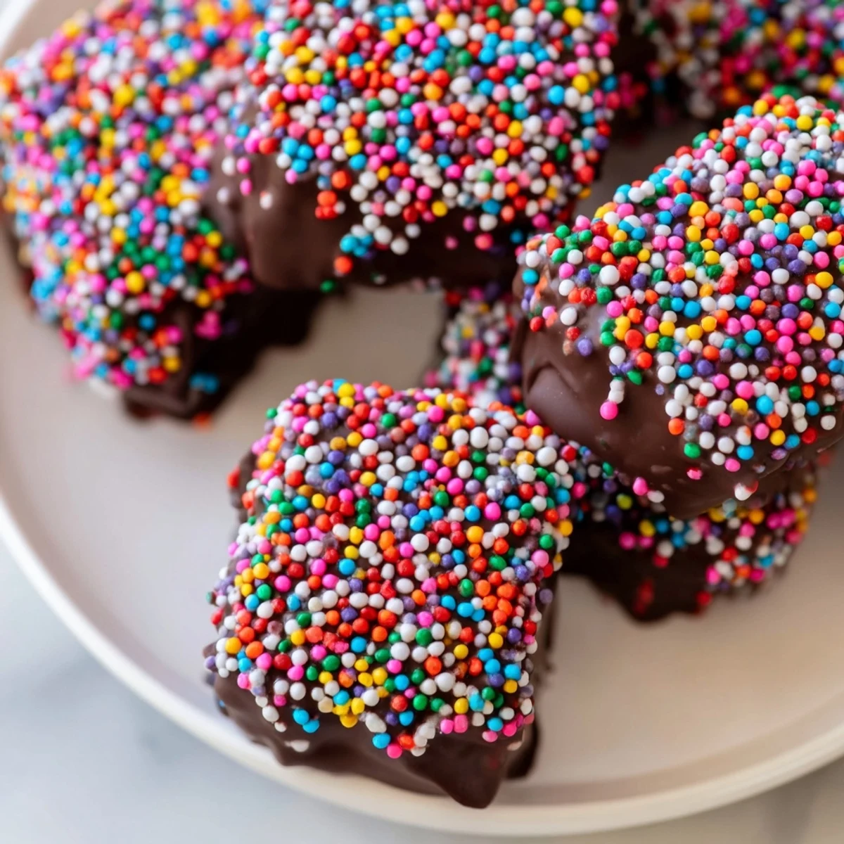 Fluffy marshmallows on sticks, half-dipped in glossy melted chocolate and topped with rainbow sprinkles.