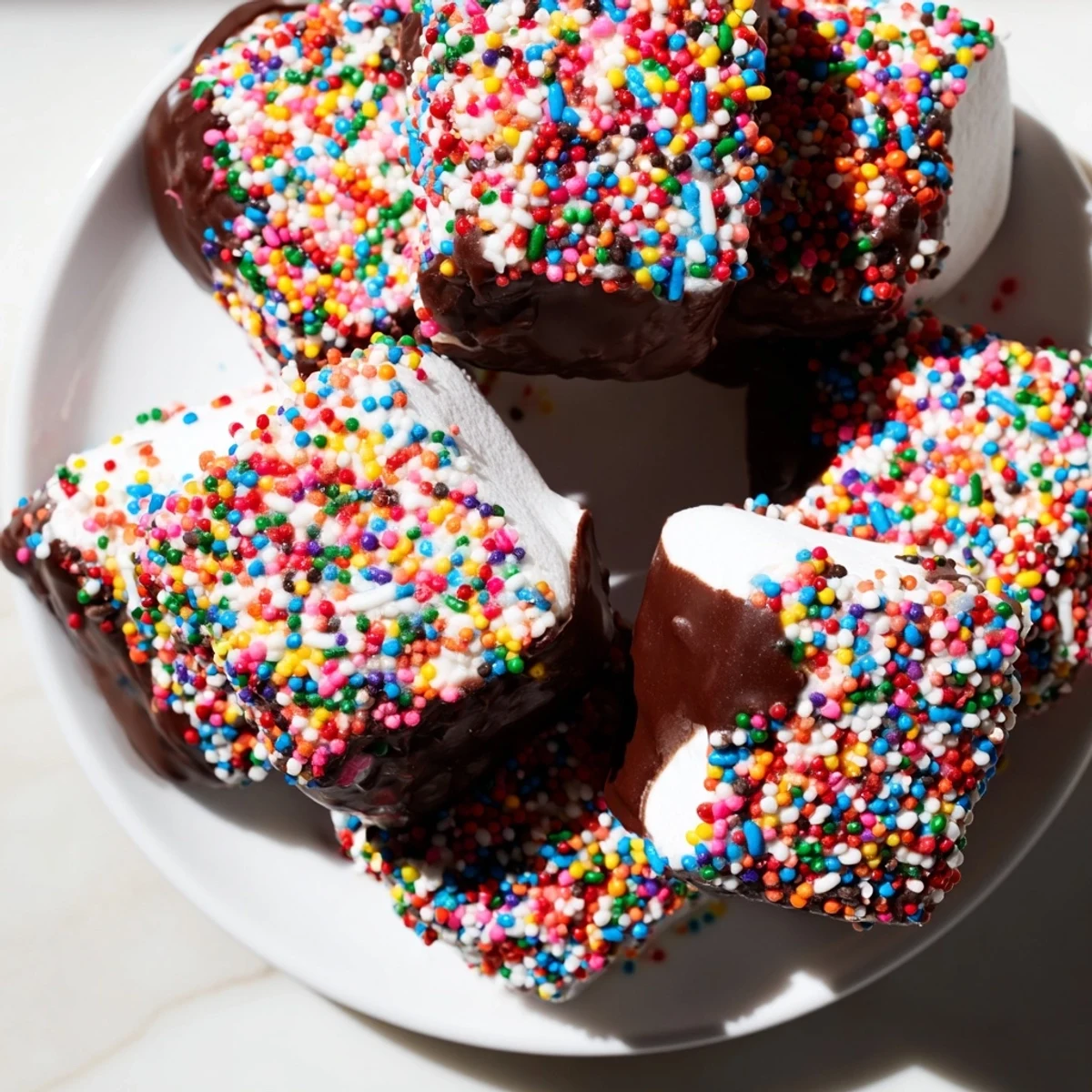 Chocolate-Dipped Marshmallows with Sprinkles are served on a parchment-lined tray, ready for parties.