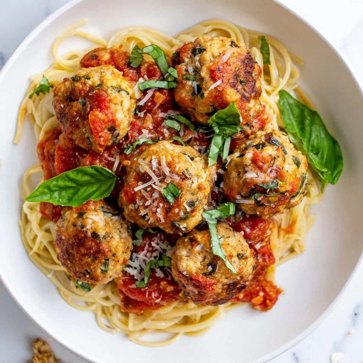 Golden-brown turkey meatballs simmer in a rich, chunky marinara sauce before being piled onto al dente spaghetti, garnished with fresh basil and Parmesan cheese.