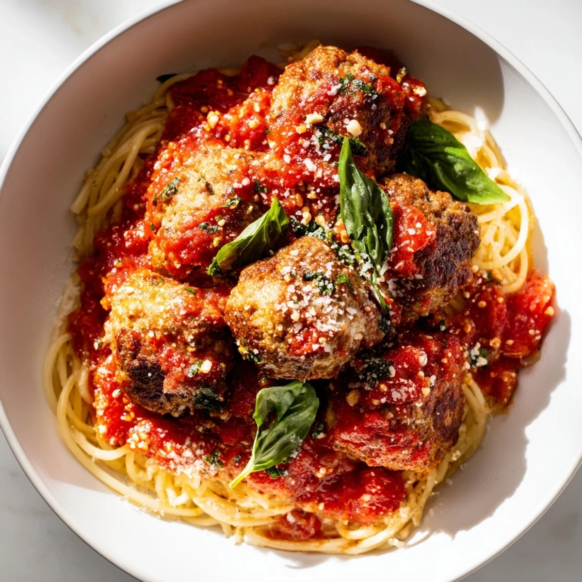 Close-up view of a hearty plate of Turkey Meatballs with Marinara Sauce and Spaghetti, featuring steam rising from the perfectly plated meal.