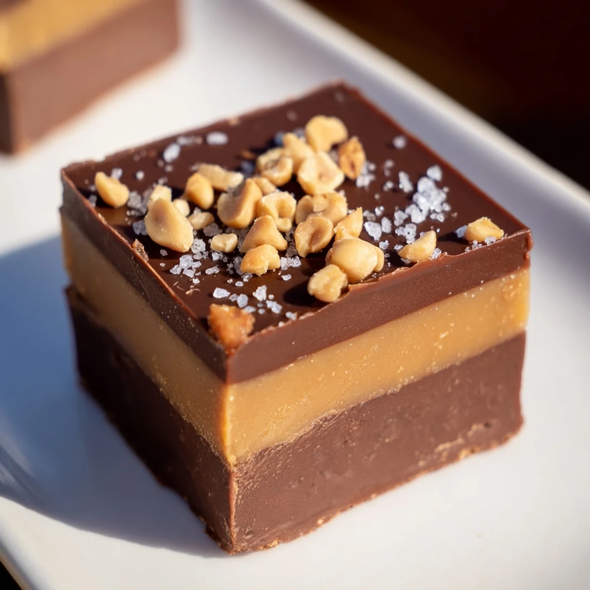 Rich, creamy Chocolate Peanut Butter Fudge squares topped with roasted peanuts and flaky sea salt on a dessert platter.