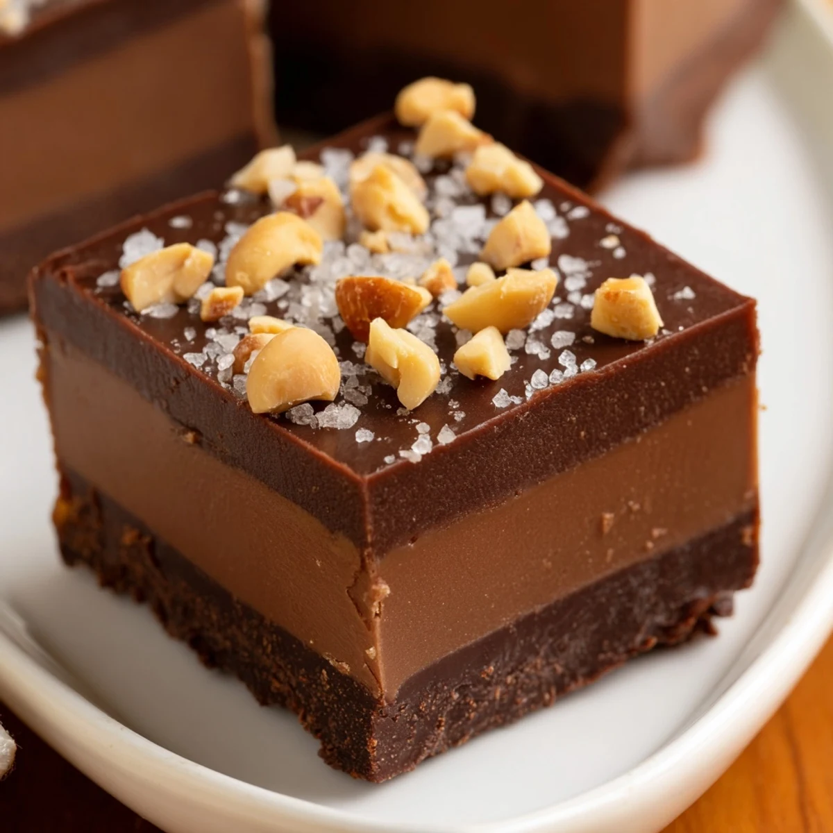 Decadent homemade Chocolate Peanut Butter Fudge squares stacked on a marble countertop with a glass of cold milk.