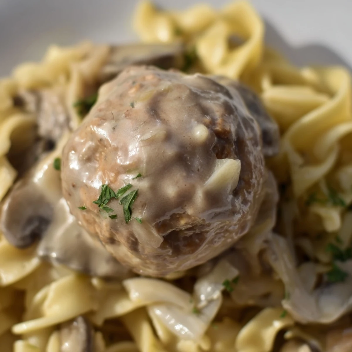 Savory Turkey Meatball Stroganoff served steaming hot, ready for a cozy family weeknight dinner.