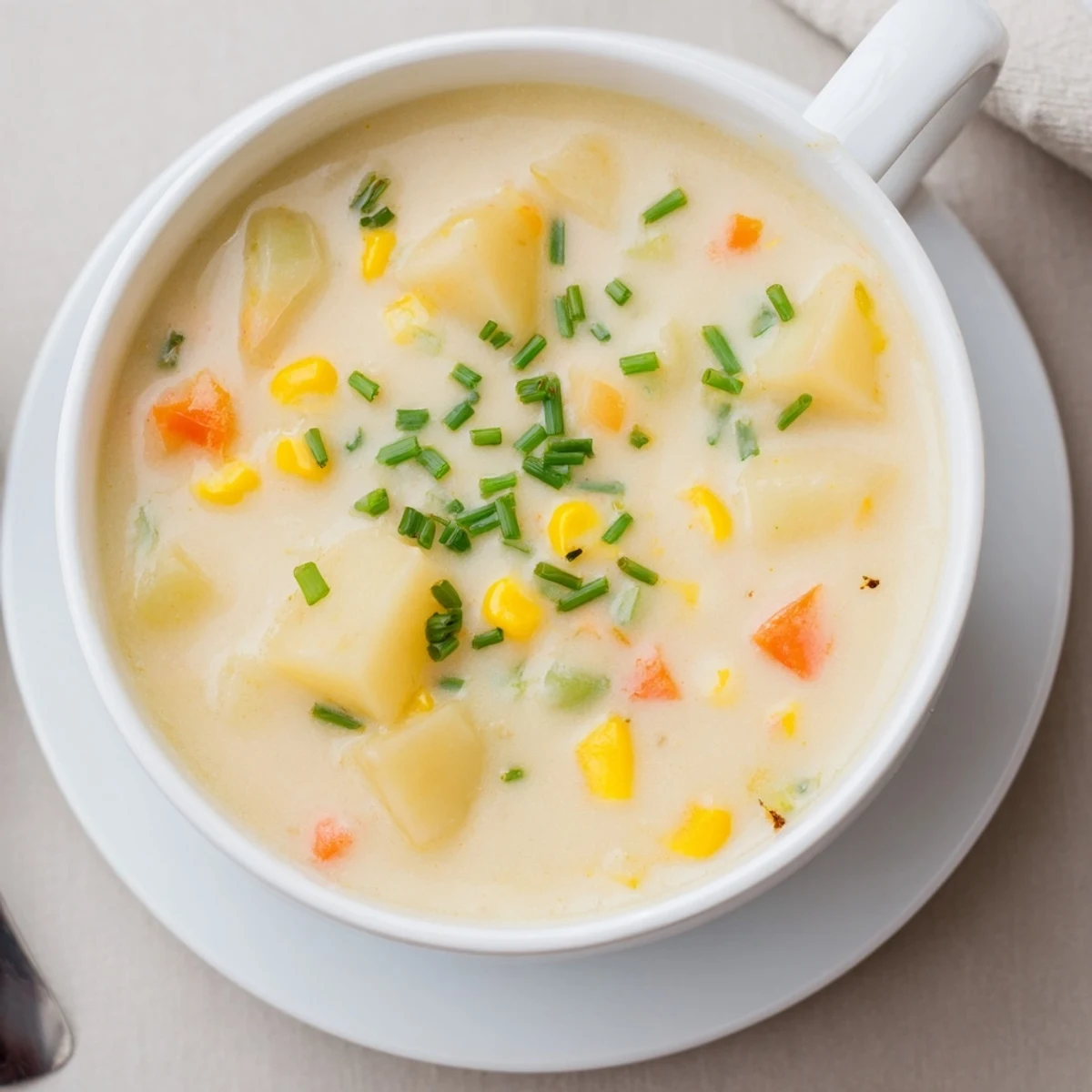 Creamy Corn and Potato Chowder steams in a rustic bowl, garnished with fresh chives and served beside crusty bread.