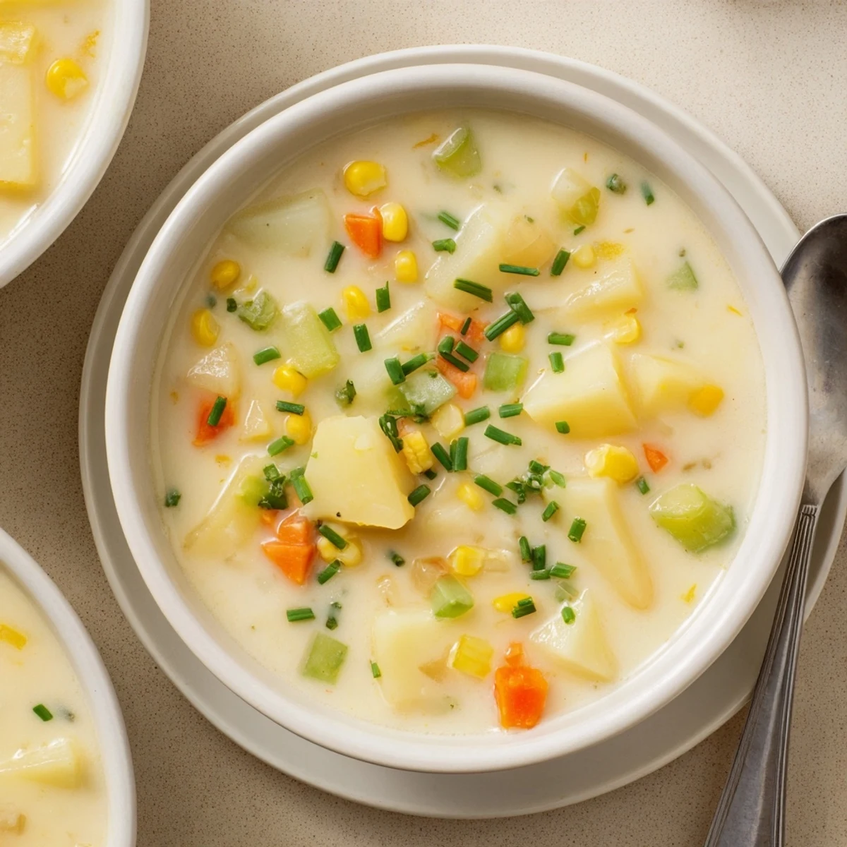 A bowl of Creamy Corn and Potato Chowder features golden corn, tender Yukon Gold potatoes, and a swirl of cream.