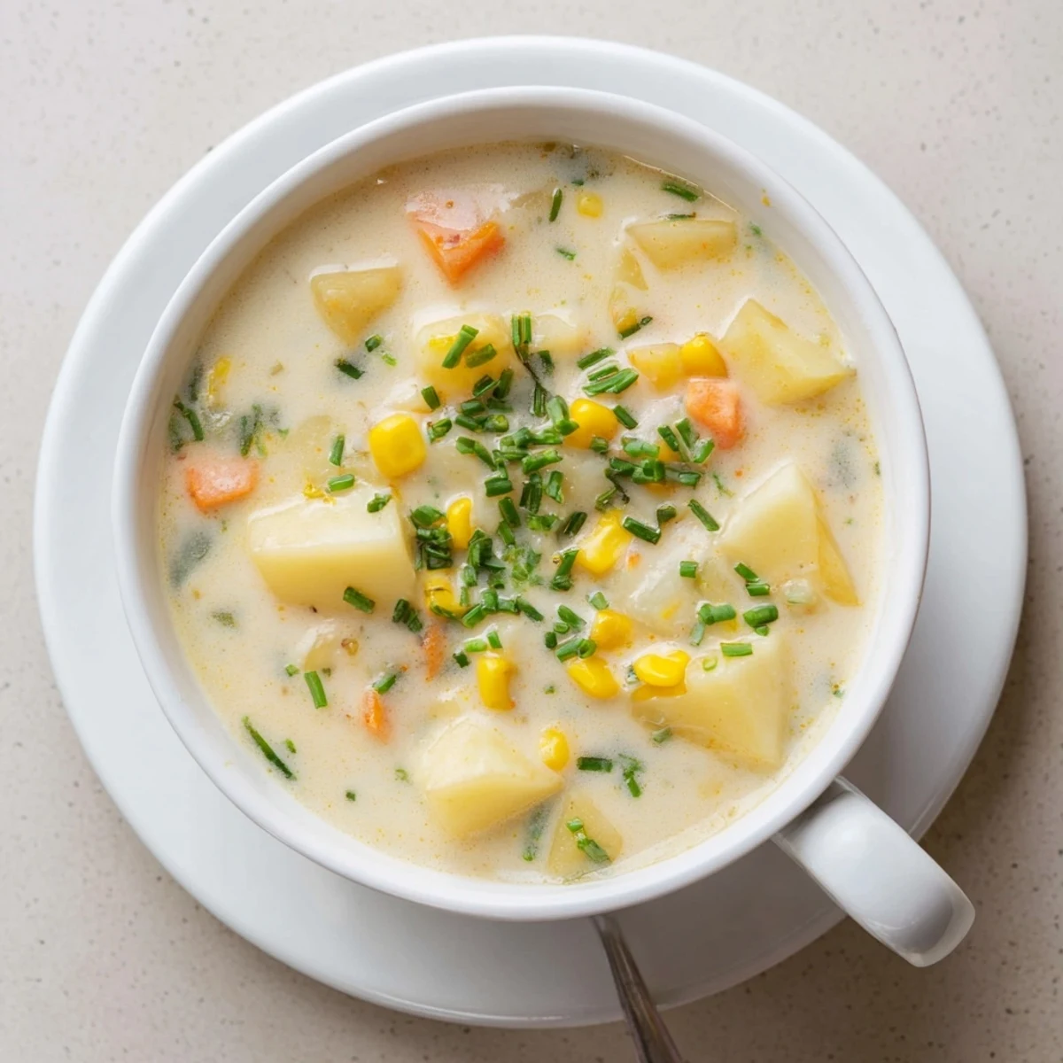Hearty Creamy Corn and Potato Chowder ladled into a white bowl, topped with fresh parsley and smoked paprika specks.