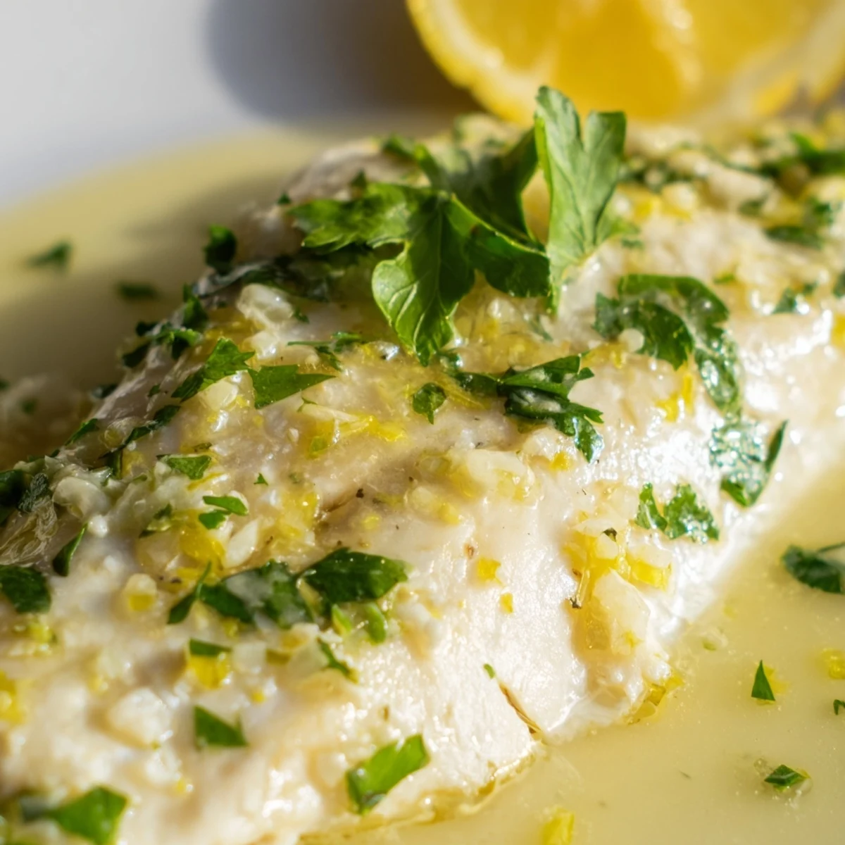 Perfectly cooked Baked Halibut with Lemon Butter flaking easily, ready to be enjoyed with roasted asparagus.