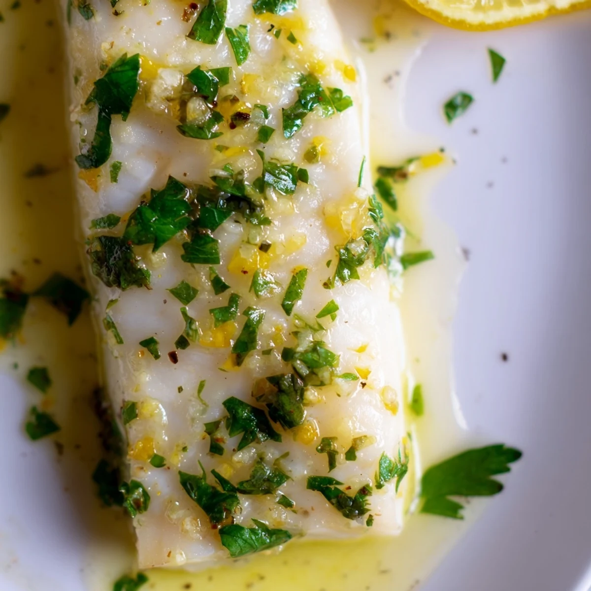 Close-up of Baked Halibut with Lemon Butter, highlighting the zesty, melted butter sauce over tender fillets.