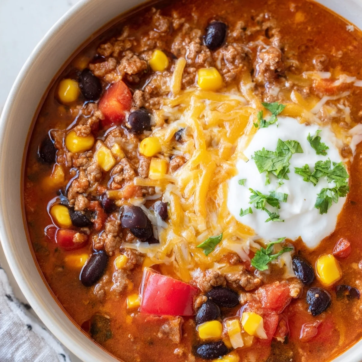 Spicy Beef Enchilada Soup simmering in a pot, garnished with melted cheese and fresh cilantro. Perfect cozy weeknight meal.