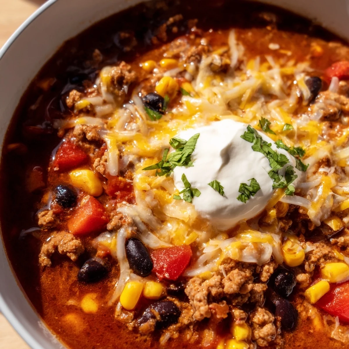 Close-up of rich Beef Enchilada Soup featuring tender ground beef, black beans, and corn in a red broth.