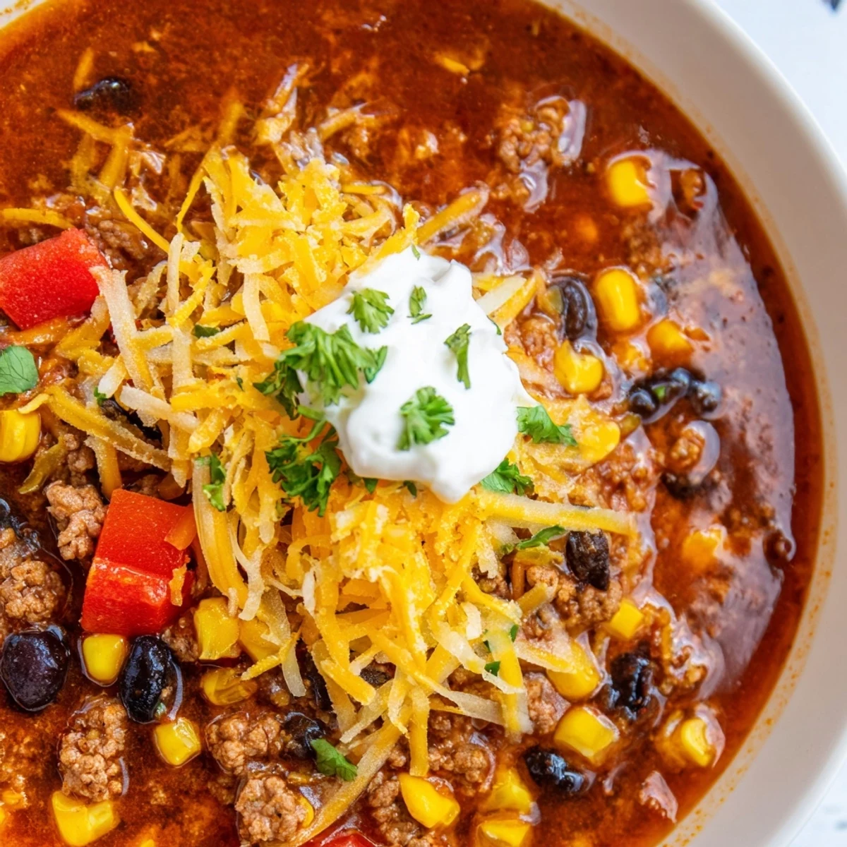 A bowl of hearty Beef Enchilada Soup topped with avocado, sour cream, and crunchy tortilla strips.