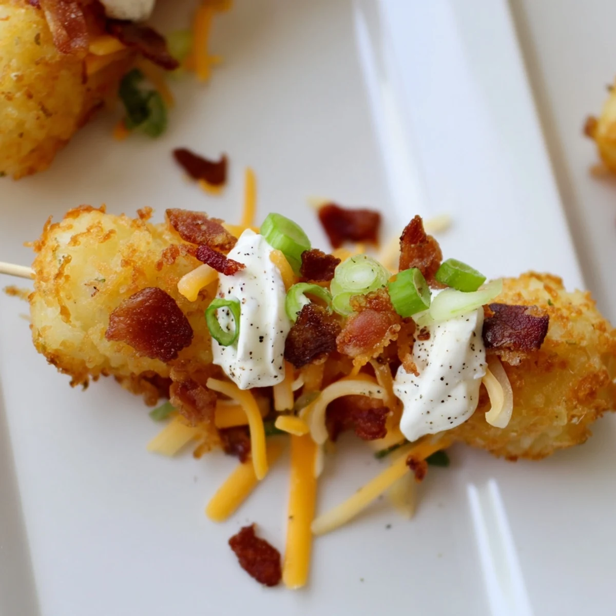 Golden, crispy Super Bowl Loaded Tater Tot Skewers with melted cheddar, bacon, and fresh scallions on a game day platter.