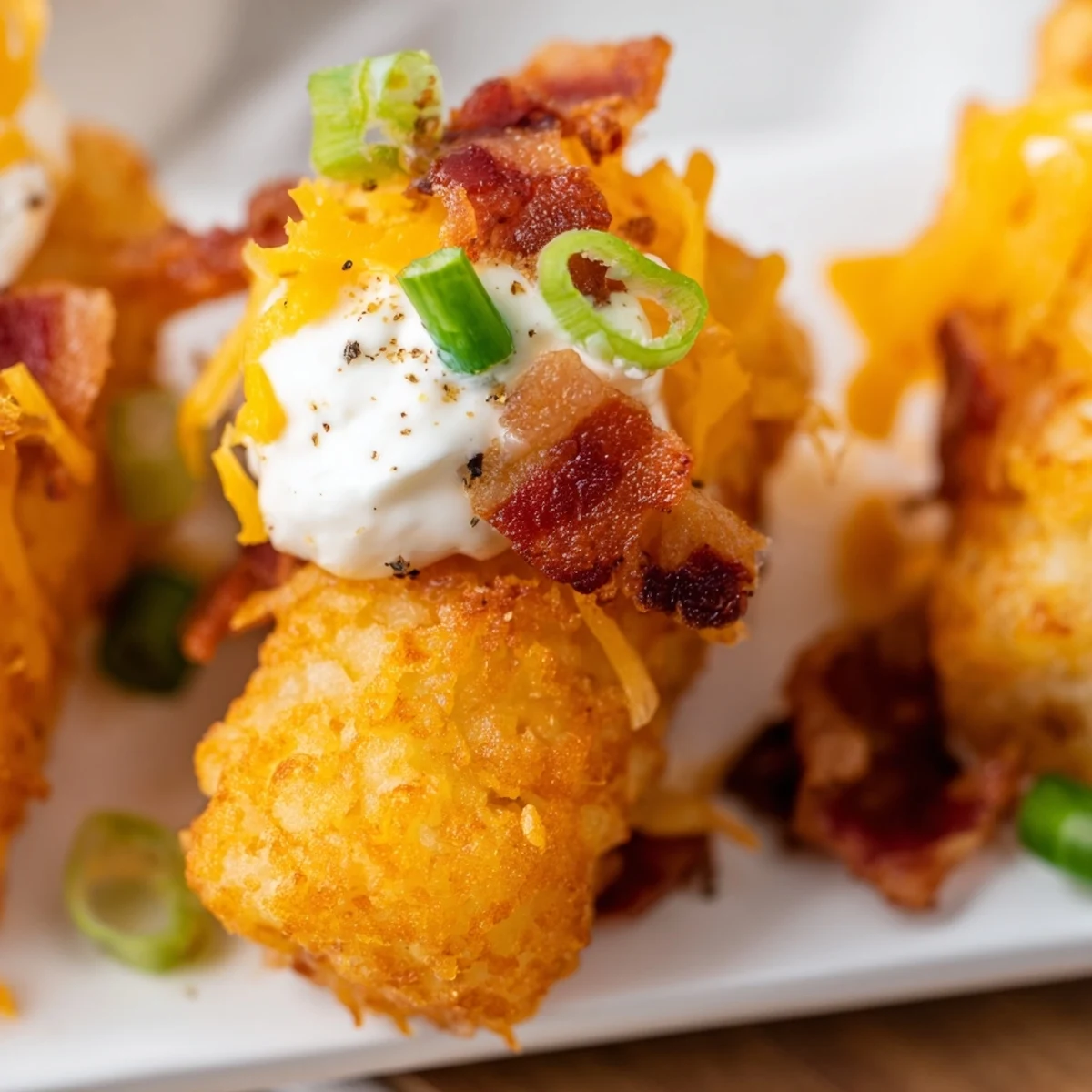 Freshly baked Super Bowl Loaded Tater Tot Skewers with melted cheese, bacon, and scallions ready for a party appetizer spread.