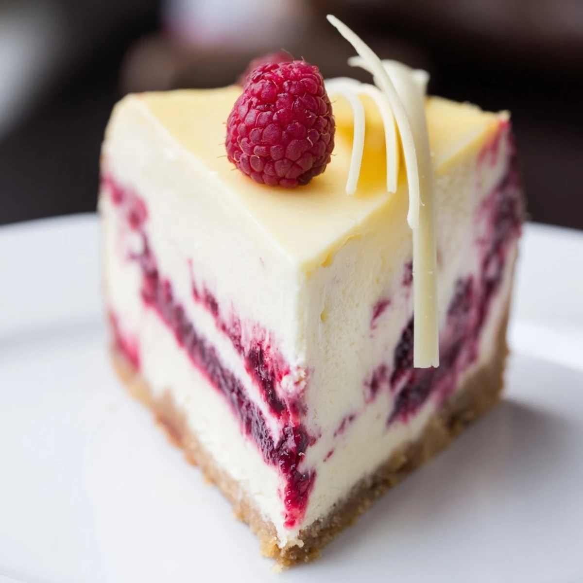 Creamy white chocolate raspberry cheesecake with a buttery graham cracker crust and vibrant raspberry swirls.