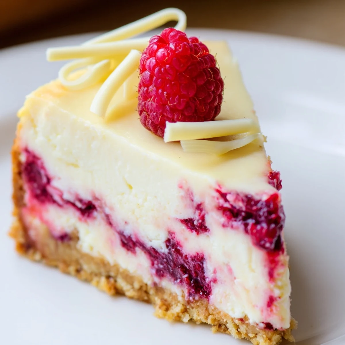 Sliced white chocolate raspberry cheesecake garnished with fresh raspberries, perfect for special occasions.