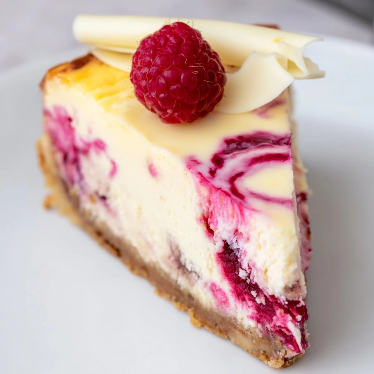 A marbled white chocolate raspberry cheesecake with rich white chocolate chunks and a smooth, tangy raspberry sauce.
