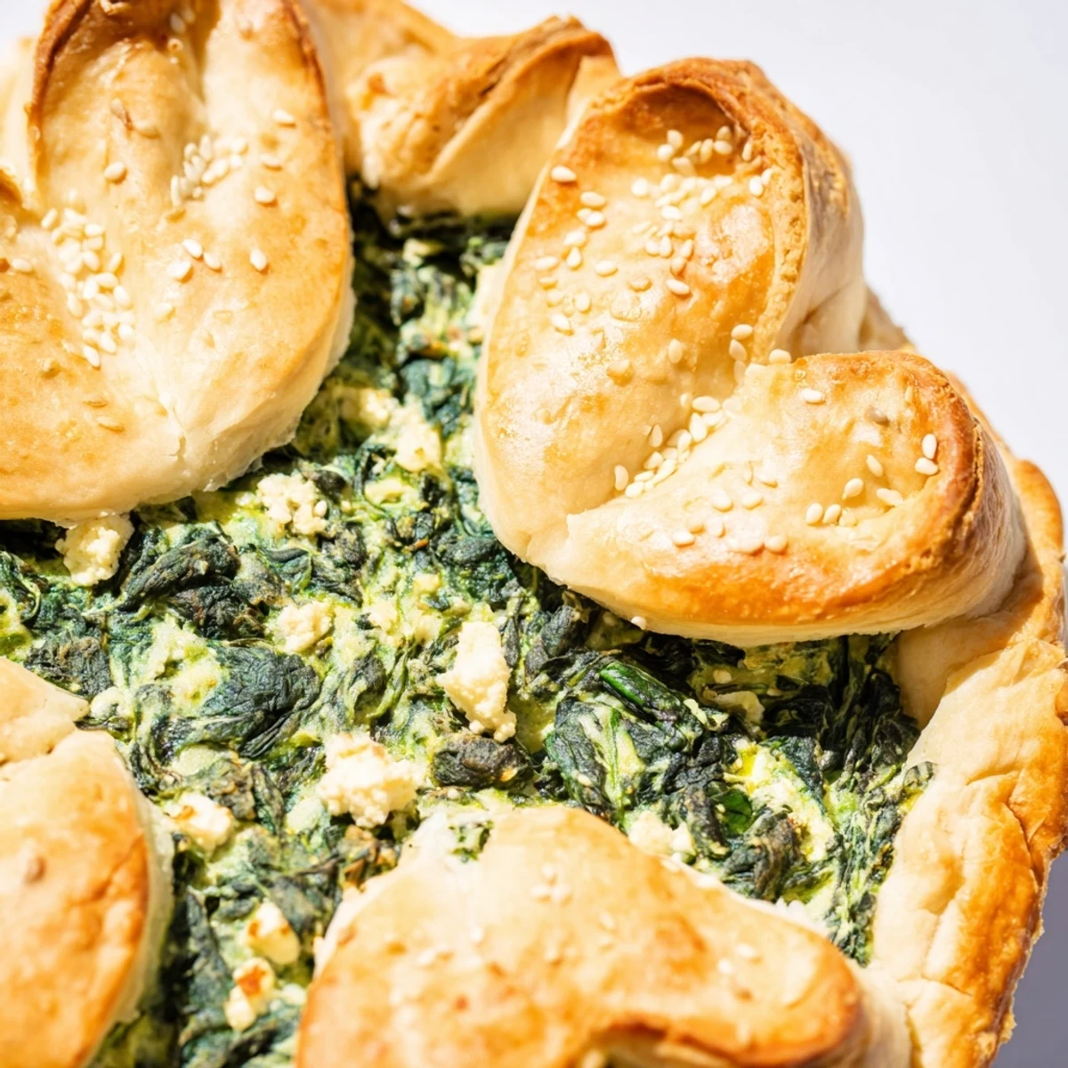 A golden shamrock-shaped Green Spinach and Feta Shamrock Pie filled with vibrant spinach, crumbled feta, and fresh herbs, served warm on a rustic wooden table.  