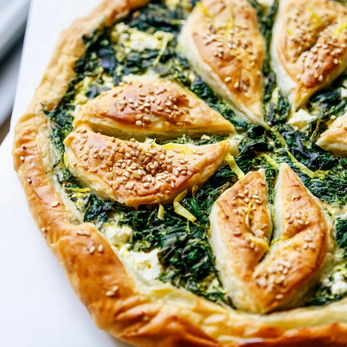 Close-up of Green Spinach and Feta Shamrock Pie's flaky, golden crust, revealing a savory spinach and feta filling speckled with fresh herbs and lemon zest.  