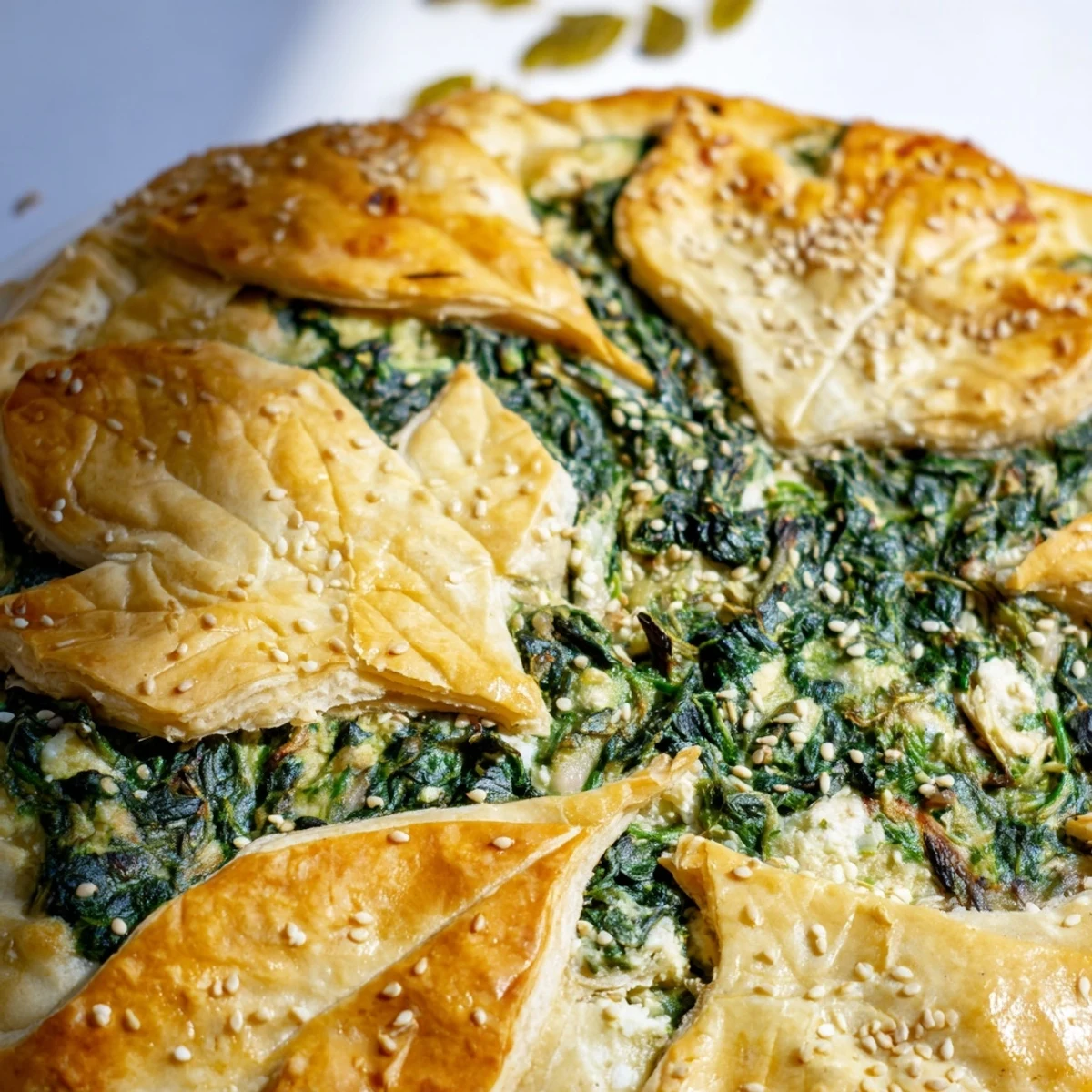 Freshly baked Green Spinach and Feta Shamrock Pie on a ceramic platter, garnished with poppy seeds and a side salad, perfect for a festive vegetarian dinner.