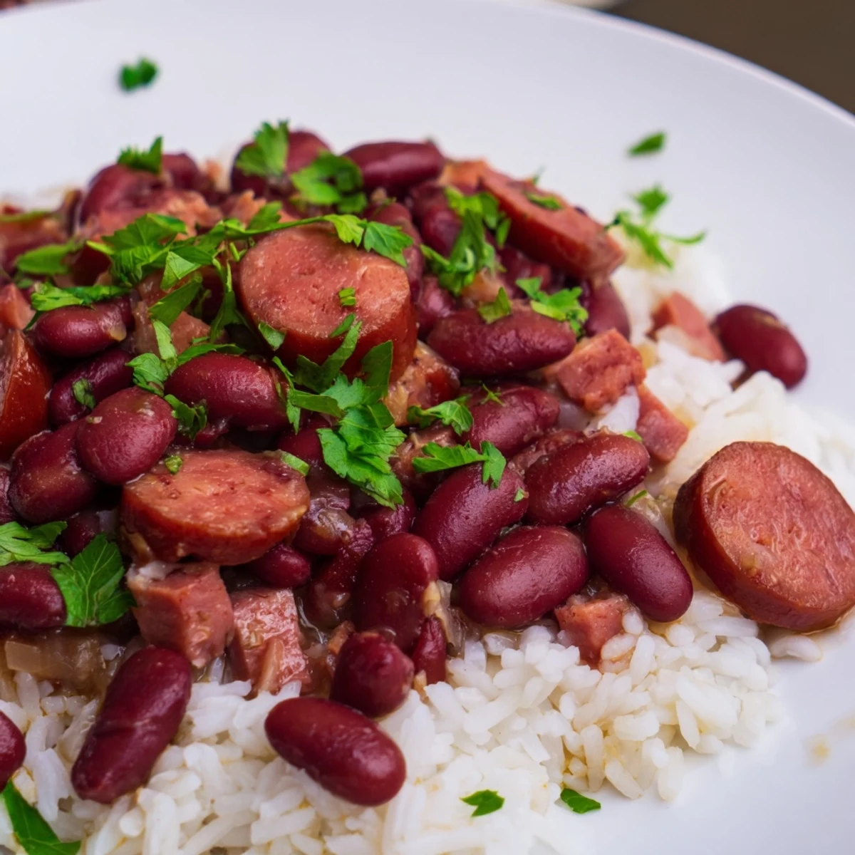 Homemade New Orleans Red Beans and Rice in a rustic pot, garnished with fresh parsley and a dash of hot sauce.