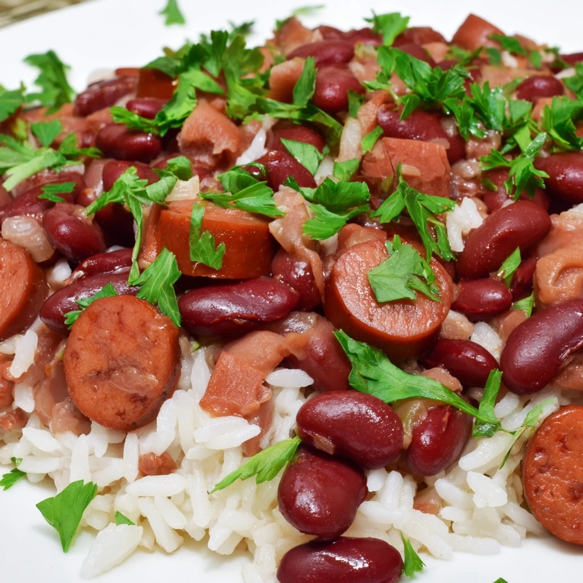 Savory New Orleans Red Beans and Rice simmered low and slow, with tender beans and spicy sausage, served over steamed rice.  