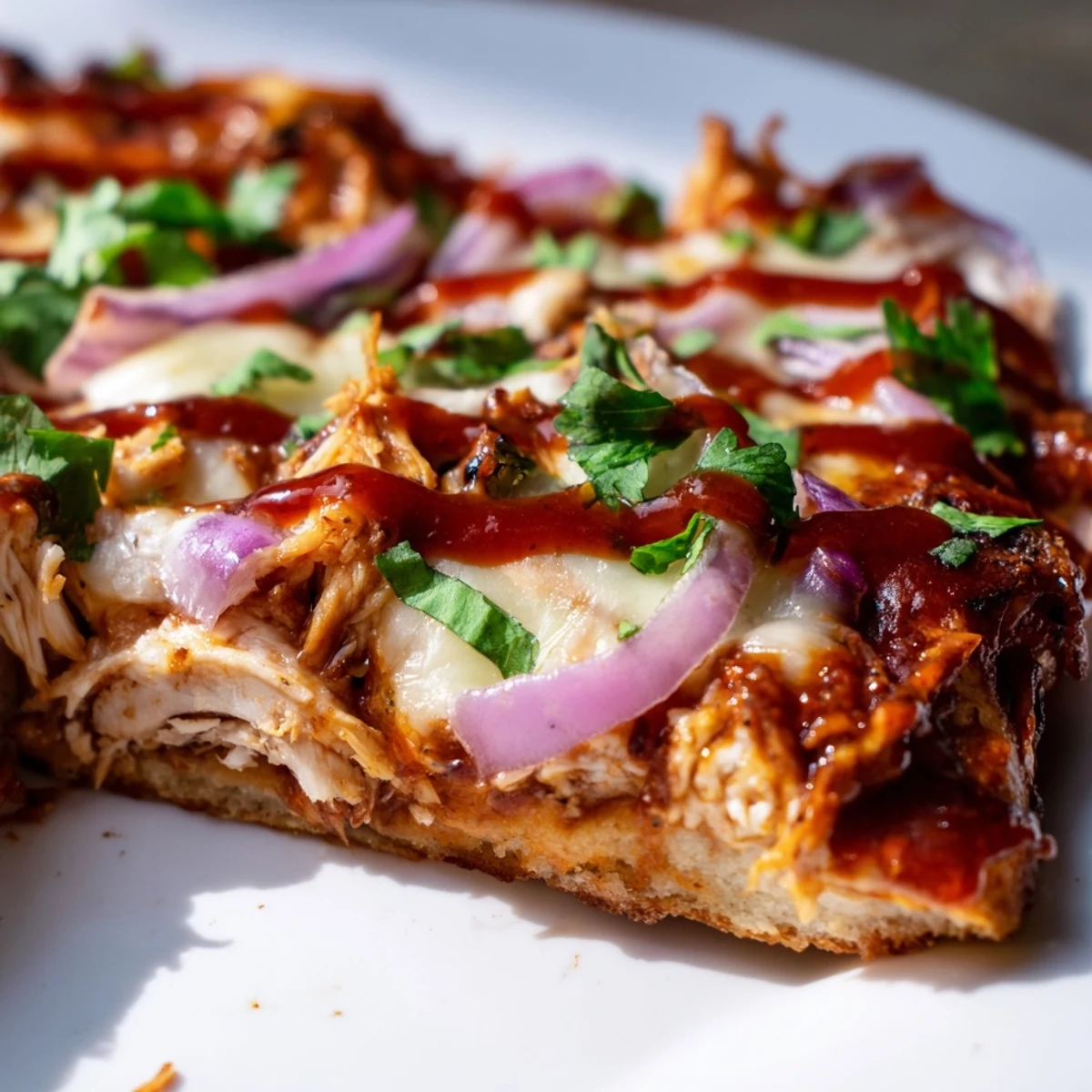 Sizzling Game Day BBQ Chicken Pizza fresh from the oven, topped with tangy barbecue sauce, juicy chicken, and bubbly melted mozzarella.