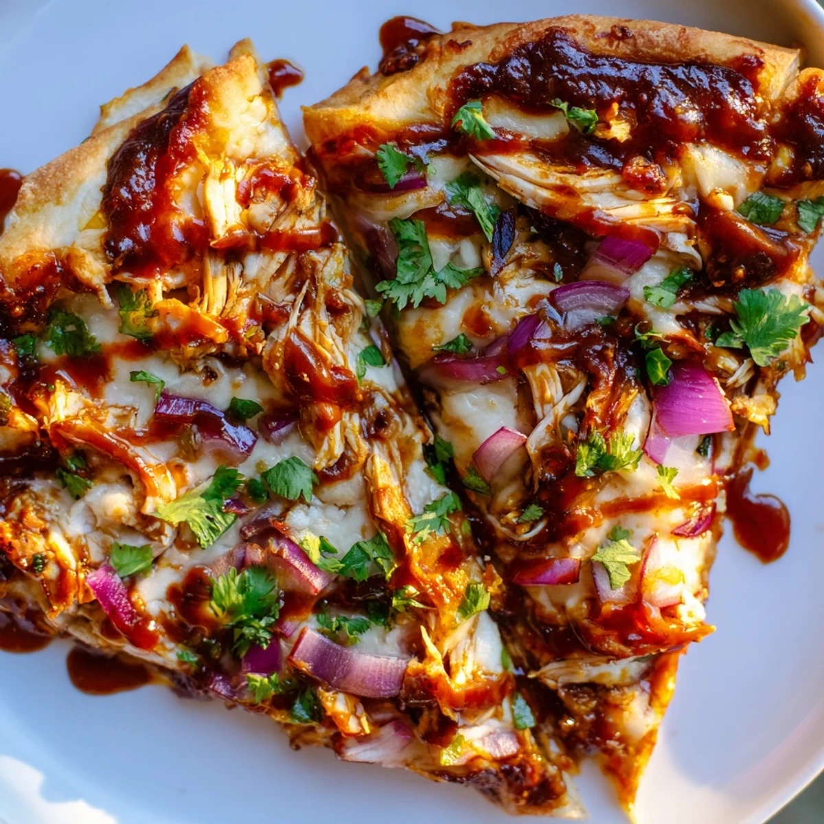 Slice of Game Day BBQ Chicken Pizza on a rustic board, showcasing shredded barbecue chicken, red onion, and fresh cilantro garnish.