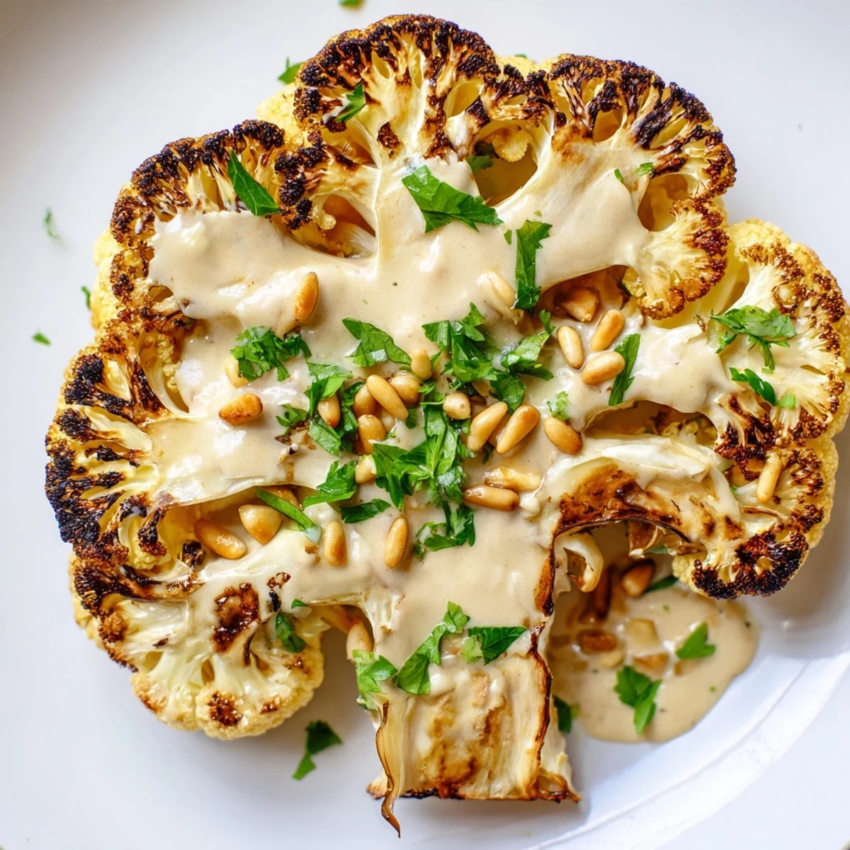 Golden roasted cauliflower steaks are drizzled with creamy lemon-tahini dressing and garnished with fresh parsley on a white plate.  