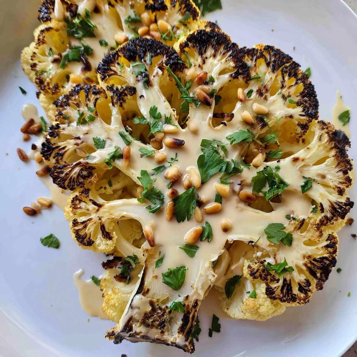 Golden, fork-tender cauliflower steaks served with lemon-tahini dressing and parsley, perfect as a plant-based main dish.