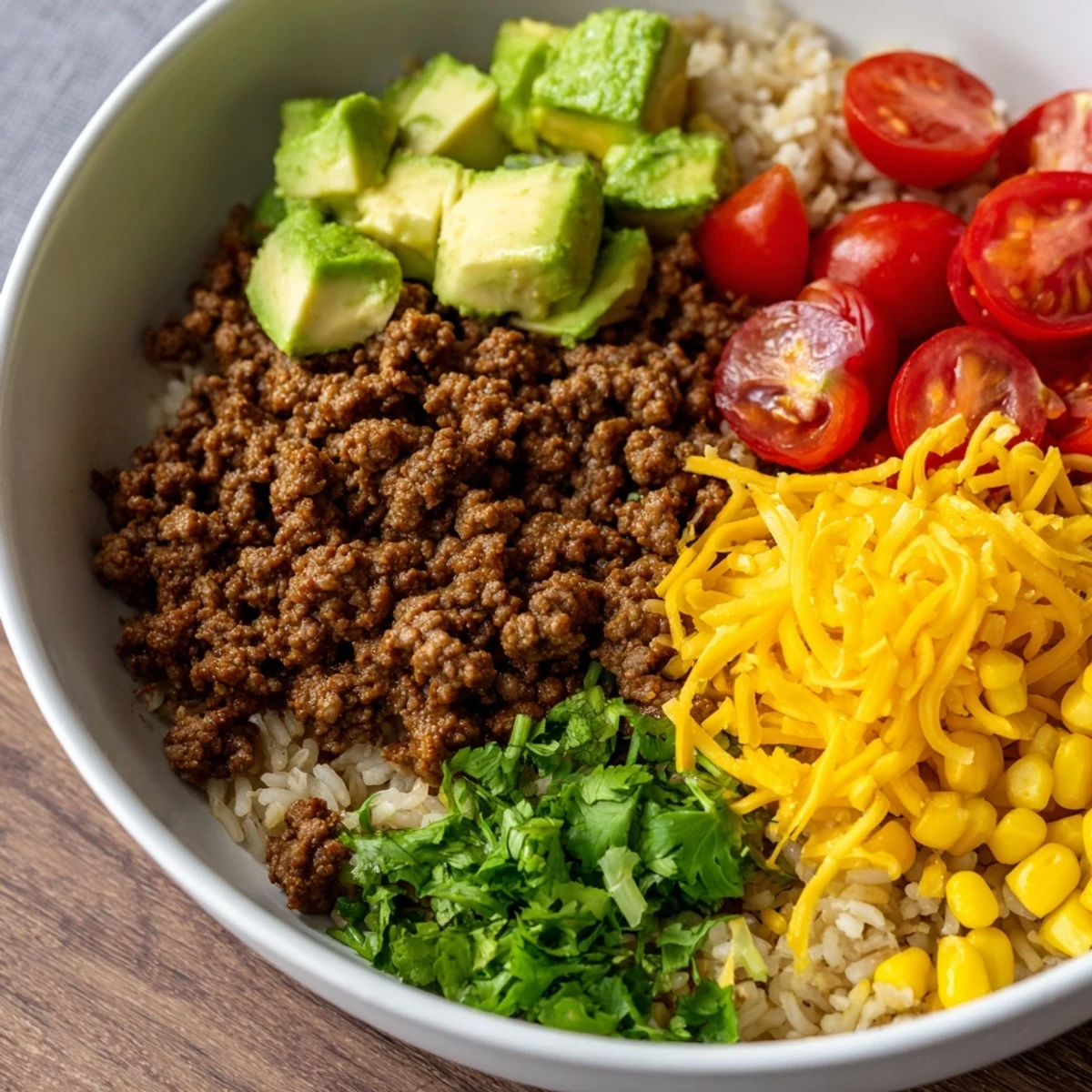 Hearty beef burrito bowls featuring seasoned ground beef, cilantro lime rice, fresh black beans, corn, and avocado slices.