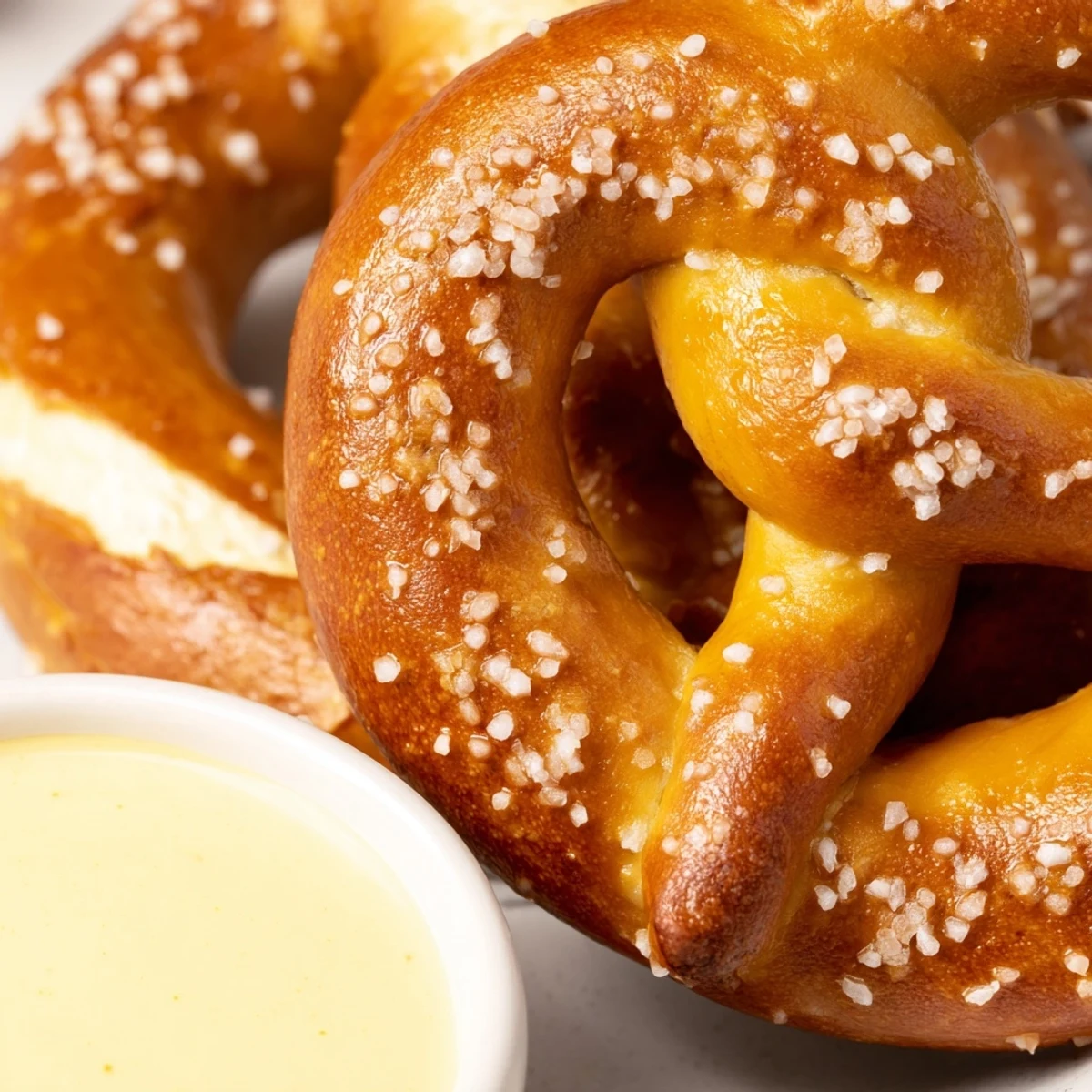 Golden-brown Game Day Soft Pretzels with Cheese Sauce sit warm on a platter with coarse salt and a cup of dip. 