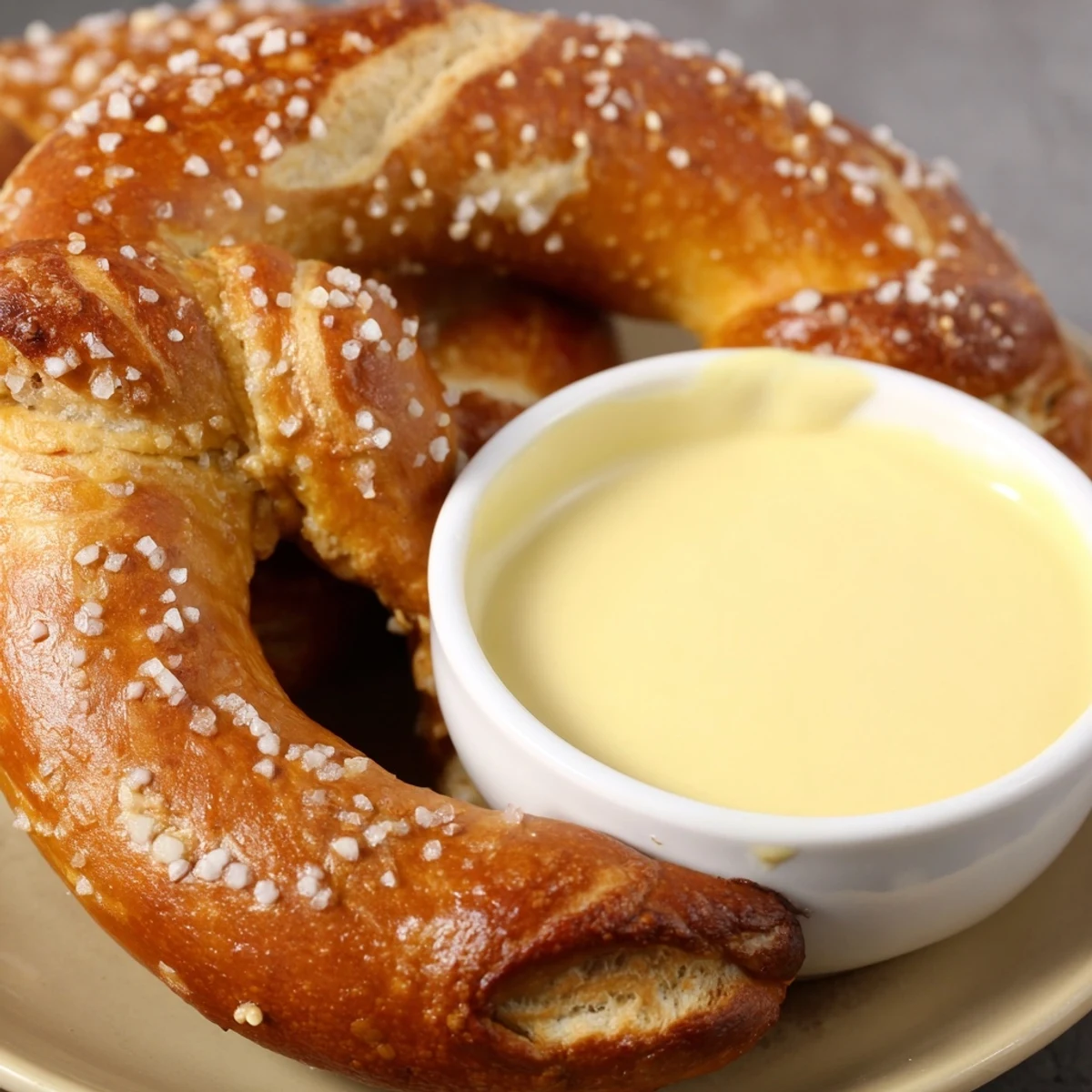Freshly baked Game Day Soft Pretzels with Cheese Sauce feature a chewy crust and fluffy center beside creamy cheddar dip. 