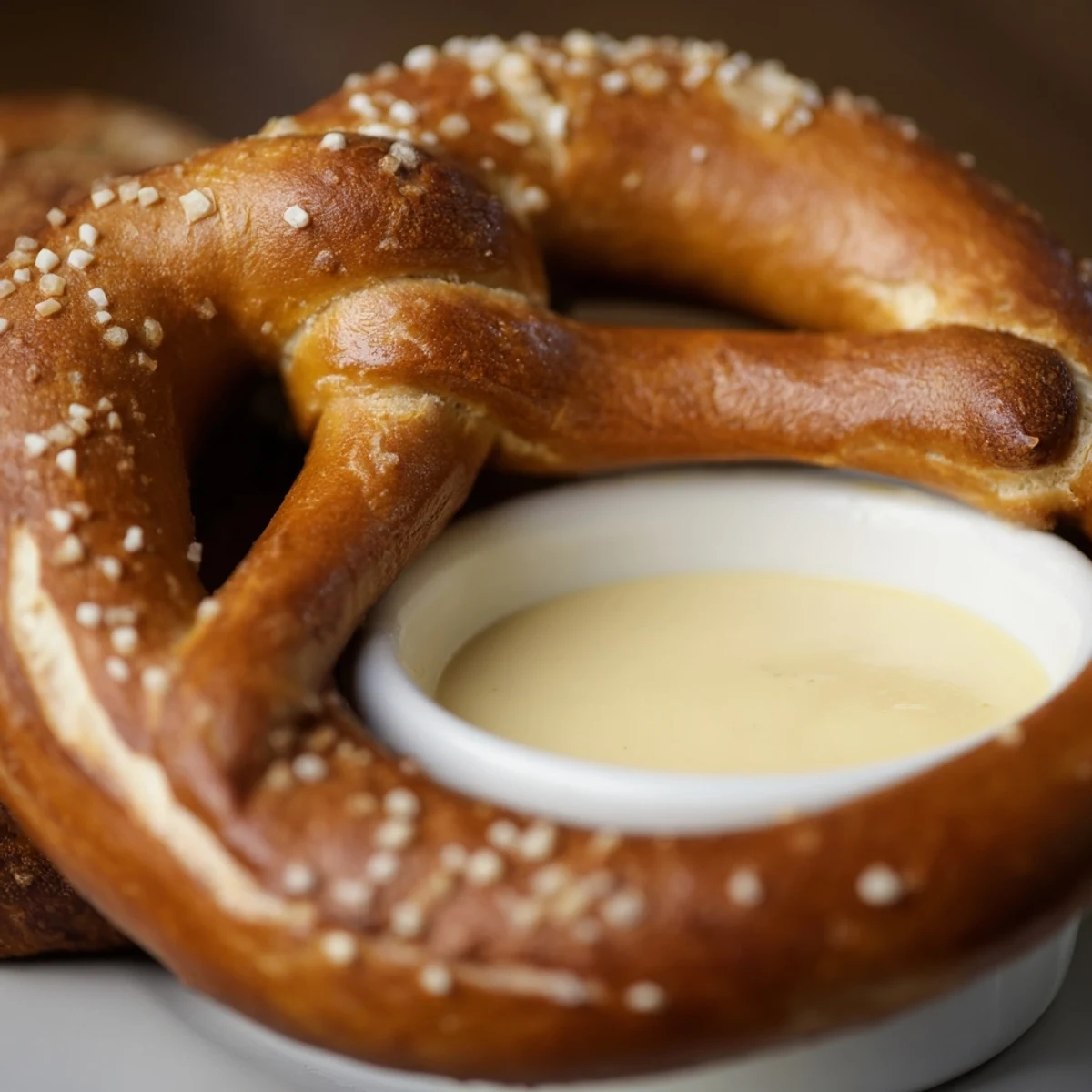 A platter of Game Day Soft Pretzels with Cheese Sauce is paired with a warm, tangy cheese dip for sharing.