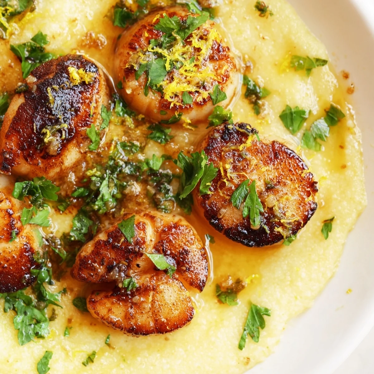 Tender scallops seared to perfection, resting on rich Parmesan polenta and drizzled with a vibrant, aromatic lemon-garlic butter sauce.