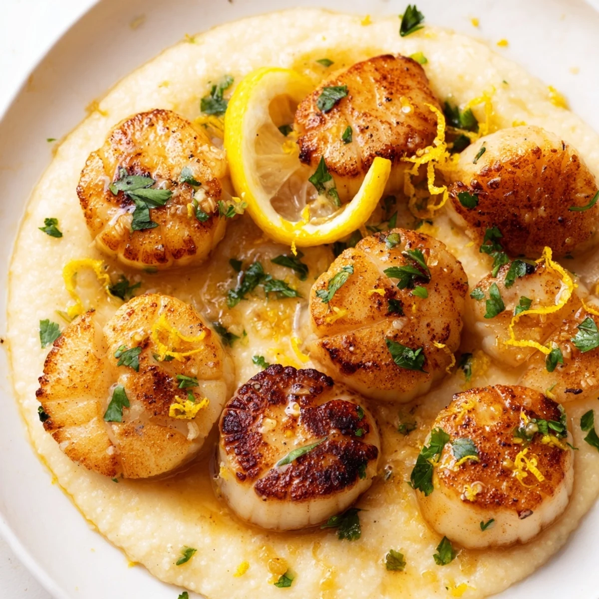 Golden-seared scallops bathed in a bright lemon-garlic butter sauce, served atop a bed of creamy, comforting polenta for an elegant dinner.