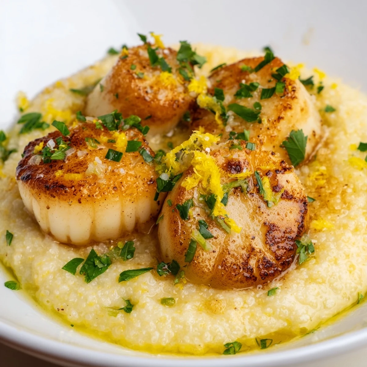 A close-up view of juicy scallops with a golden crust, paired with soft polenta and garnished with fresh, bright parsley.