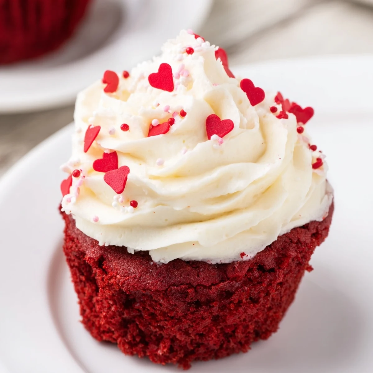 Freshly baked Valentine Red Velvet Cupcakes with fluffy cream cheese frosting and heart sprinkles on a rustic wooden table.
