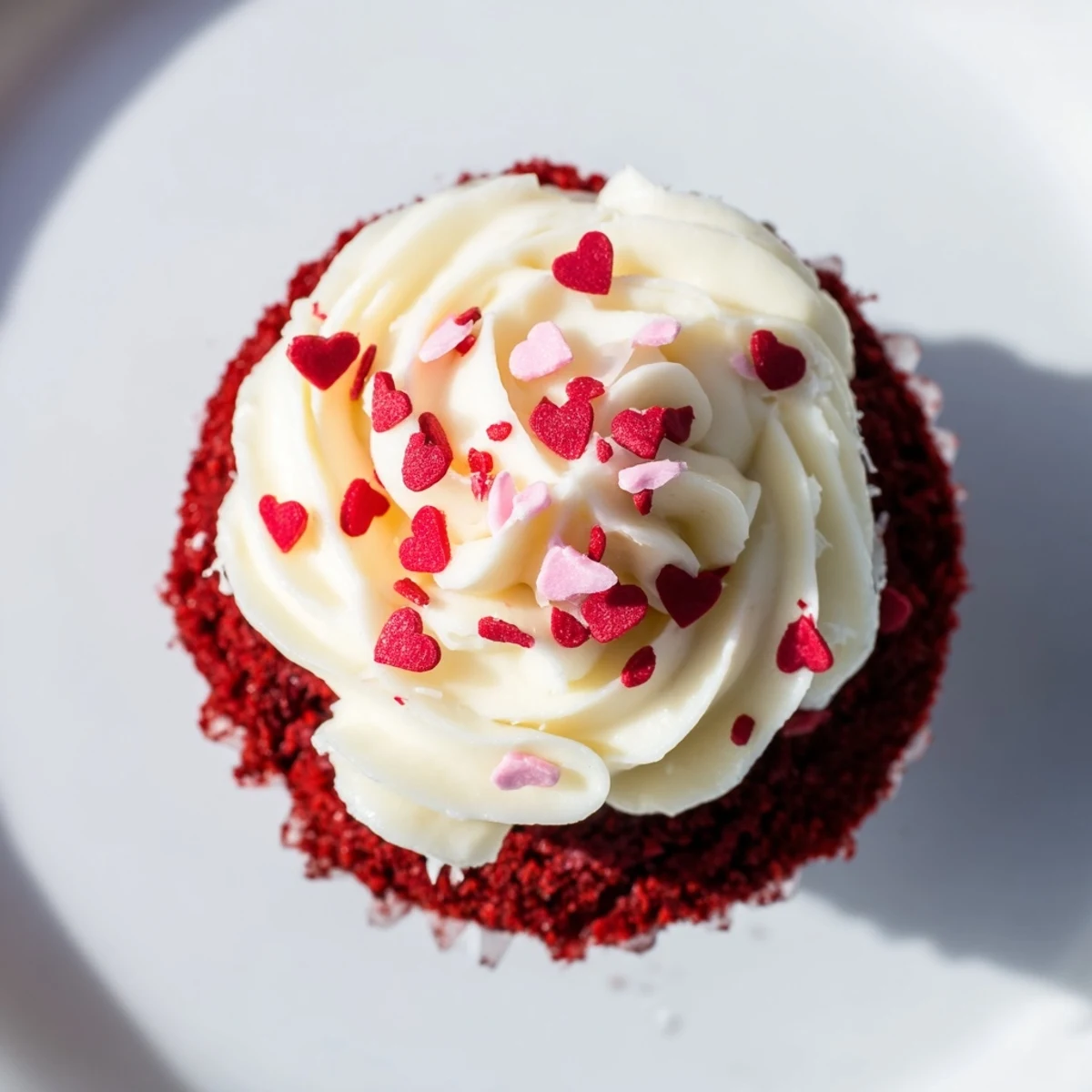 Plated Valentine Red Velvet Cupcakes topped with silky cream cheese swirls, perfect for a romantic dessert or party.